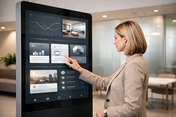 Kobieta obsługująca interaktywny kiosk dotykowy z dashboardem danych i wykresami — aplikacja interaktywna dla firm i instytucji