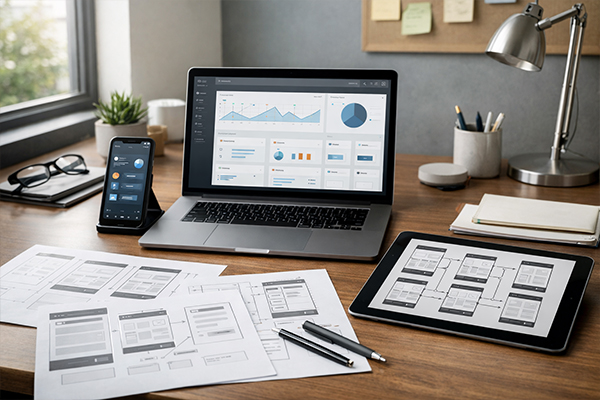 Biurko projektanta aplikacji — laptop z dashboardem, tablet z wireframe'ami user flow i smartfon z widokiem mobilnym obok wydruków makiet UX