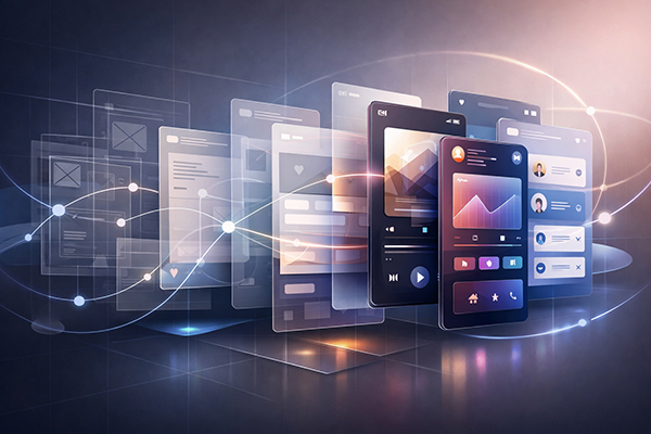 Abstrakcyjna wizualizacja procesu tworzenia aplikacji mobilnej — wireframe'y, prototyp interfejsu i gotowy ekran UI połączone siecią danych