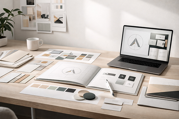 Projekt identyfikacji wizualnej marki rozłożony na biurku — księga znaku, palety kolorów, wizytówki i laptop z logo na ekranie