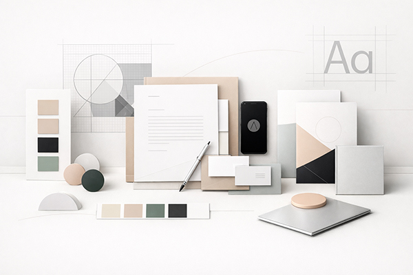 Elementy identyfikacji wizualnej marki — paleta kolorów, wizytówki, papier firmowy i typografia ułożone na białym tle