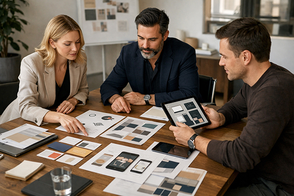 Trzech projektantów omawiających identyfikację wizualną marki przy stole — palety kolorów, projekty logo i makiety na tablecie