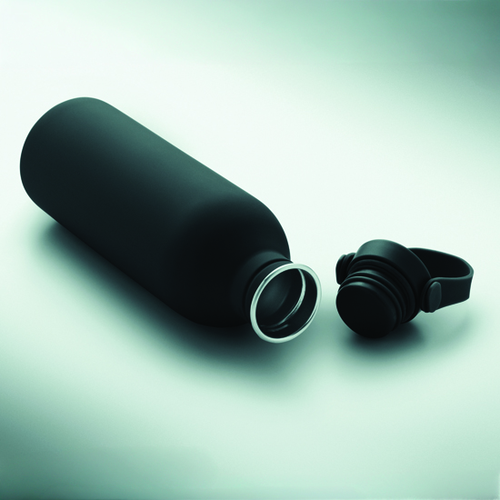 Czarna matowa butelka stalowa z odkręconą zakrętką na jasnym tle — butelka reklamowa z logo dla firm