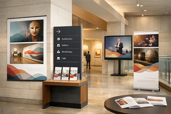 Hol muzeum z systemem wayfinding, rollapem, ekranem digital signage i materiałami informacyjnymi — identyfikacja wizualna instytucji kultury