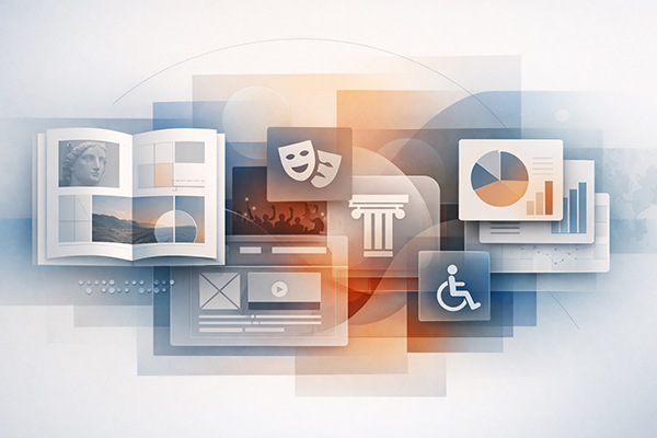 Abstrakcyjna kompozycja symbolizująca projekty dla instytucji kultury — katalog wystawy, maski teatralne, kolumna, ikona dostępności i wykresy danych