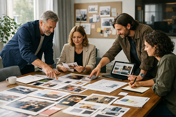 Czteroosobowy zespół projektowy omawiający przy stole materiały wizualne kampanii — zdjęcia, makiety i projekt strony na tablecie