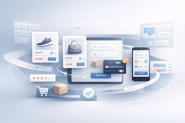 Ilustracja ścieżki zakupowej w sklepie internetowym — karty produktów, koszyk, płatność kartą i potwierdzenie dostawy na desktopie i smartfonie