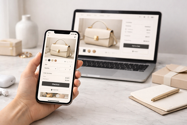 Dłoń trzymająca smartfon z widokiem sklepu internetowego i ekranem checkout — w tle laptop z tą samą stroną e-commerce na desktopie