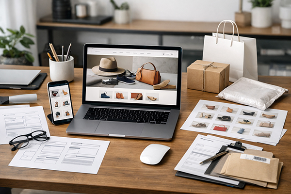 Biurko z laptopem i smartfonem pokazującym sklep internetowy z odzieżą i akcesoriami — obok wireframe'y, dokumenty zamówień i paczki do wysyłki