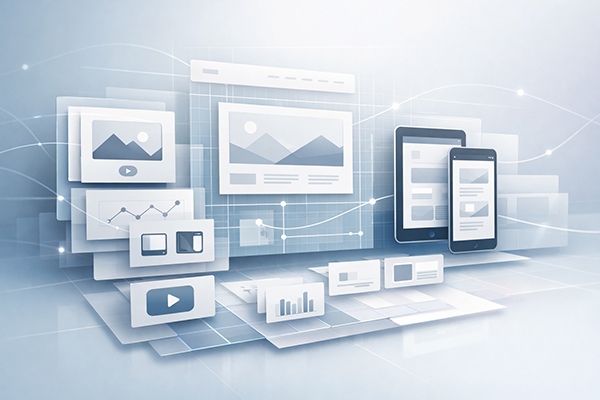 Wizualizacja struktury responsywnej strony internetowej — makiety layoutu na tablecie i smartfonie z elementami UX