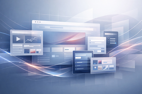 Abstrakcyjna wizualizacja responsywnego layoutu strony internetowej na ekranach desktop, tablet i mobile