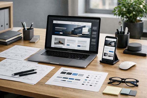 Biurko projektanta stron internetowych — laptop z projektem strony firmowej, smartfon z wersją mobilną i wireframe'y UX rozłożone na blacie