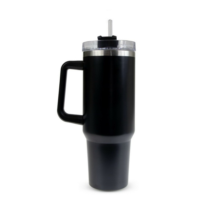 1200 ml czarny kubek termiczny z uchwytem i słomką