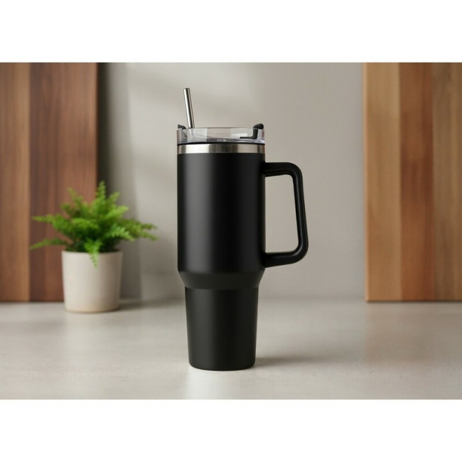 1200 ml czarny kubek termiczny z uchwytem i słomką