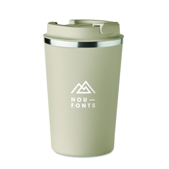 Beżowy termokubek 350 ml, stal 18/8, nadruk logo