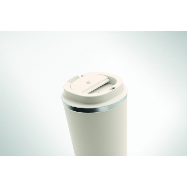 Beżowy termokubek 350 ml, stal 18/8, nadruk logo