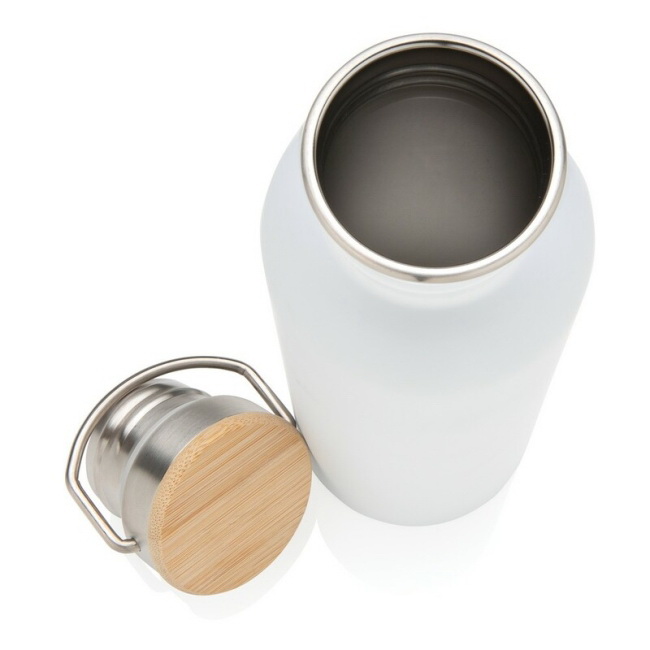 Biały bidon sportowy 700 ml, stal i bambus