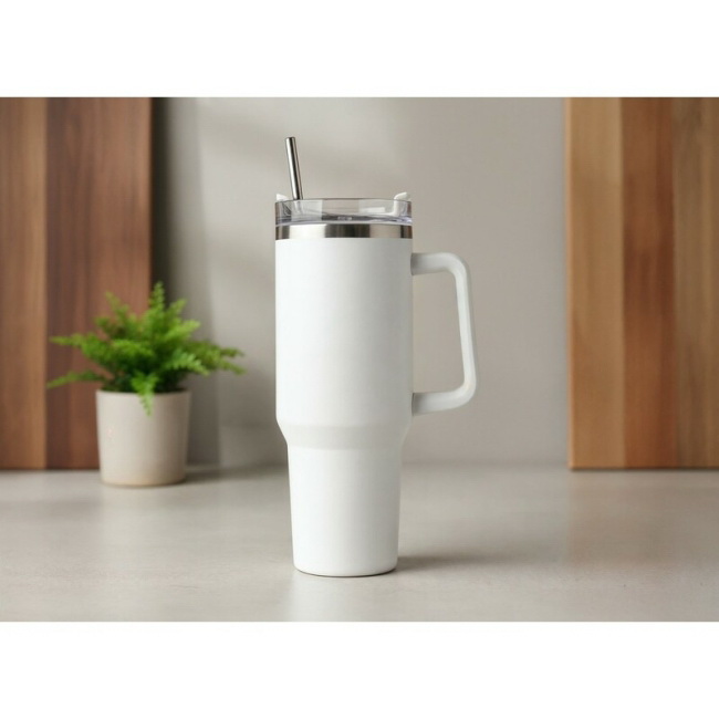 Biały kubek termiczny 1200 ml z uchwytem, stal 18/8