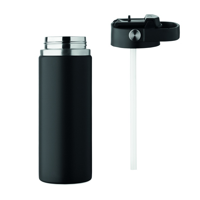 Butelka termiczna 500 ml, czarna ze słomką