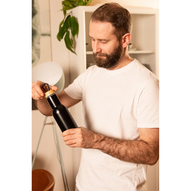 Butelka termiczna Lome 400 ml, stal + bambus, czarna