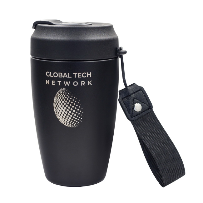Czarny kubek termiczny Viko 380 ml z paskiem