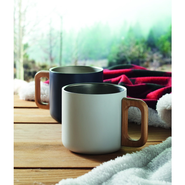 Kubek dwuścienny Acero 350 ml biały, uchwyt drewniany