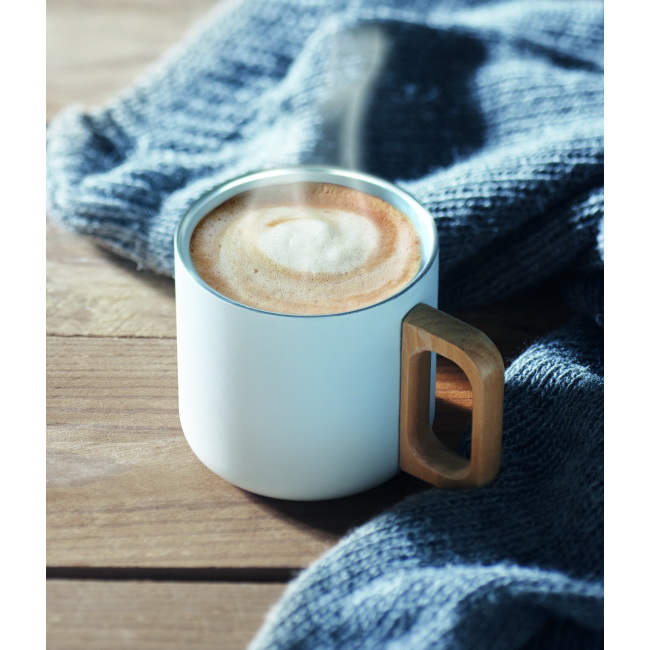 Kubek dwuścienny Acero 350 ml biały, uchwyt drewniany