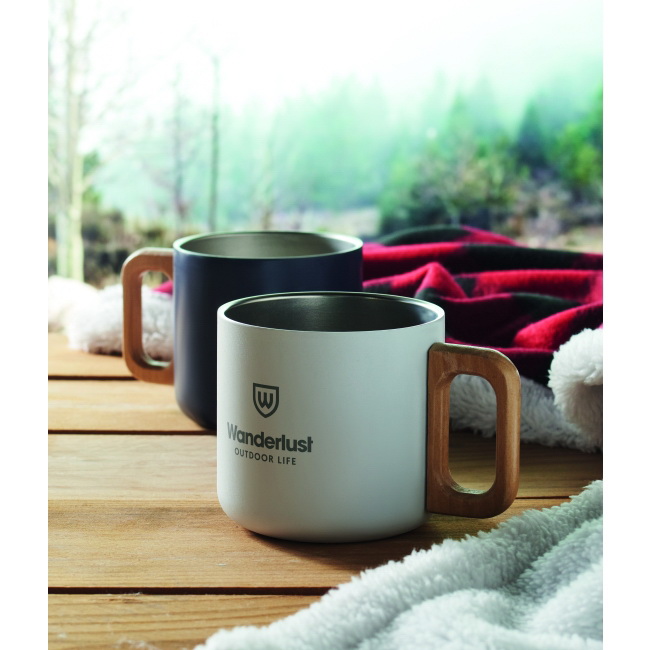 Kubek dwuścienny Acero 350 ml biały, uchwyt drewniany