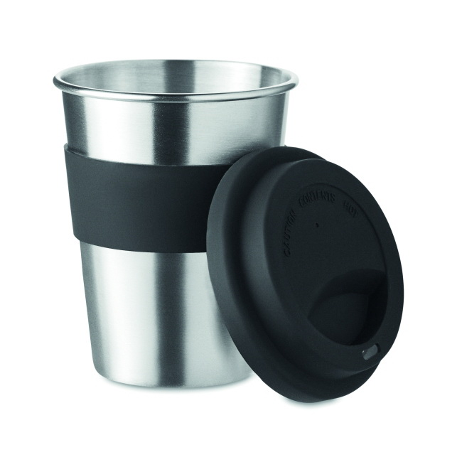 Kubek stalowy 350 ml, czarny z silikonową pokrywką