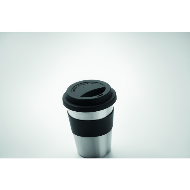 Kubek stalowy 350 ml, czarny z silikonową pokrywką