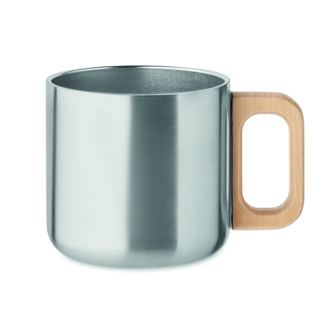 Kubek stalowy 350 ml, srebrny mat, drewniany uchwyt