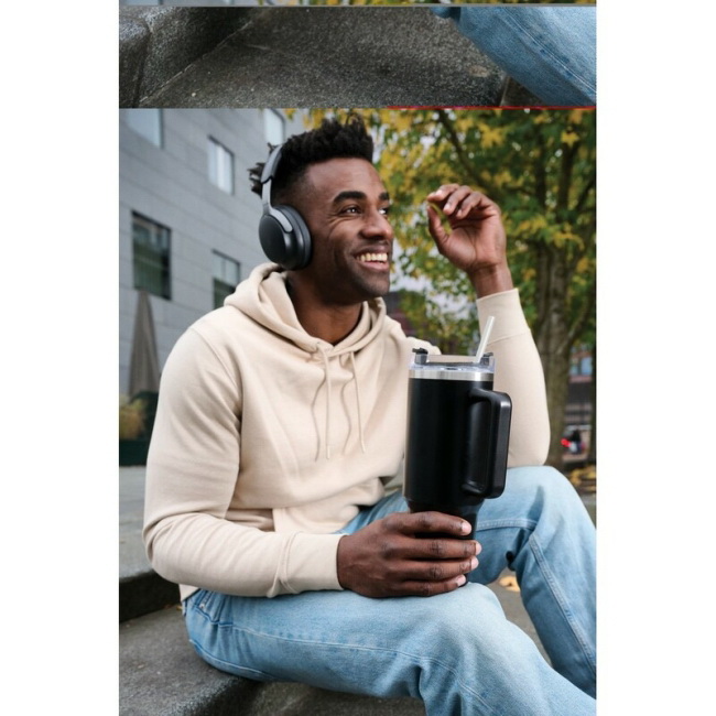 Kubek termiczny 1200 ml, uchwyt, czarny, recykling