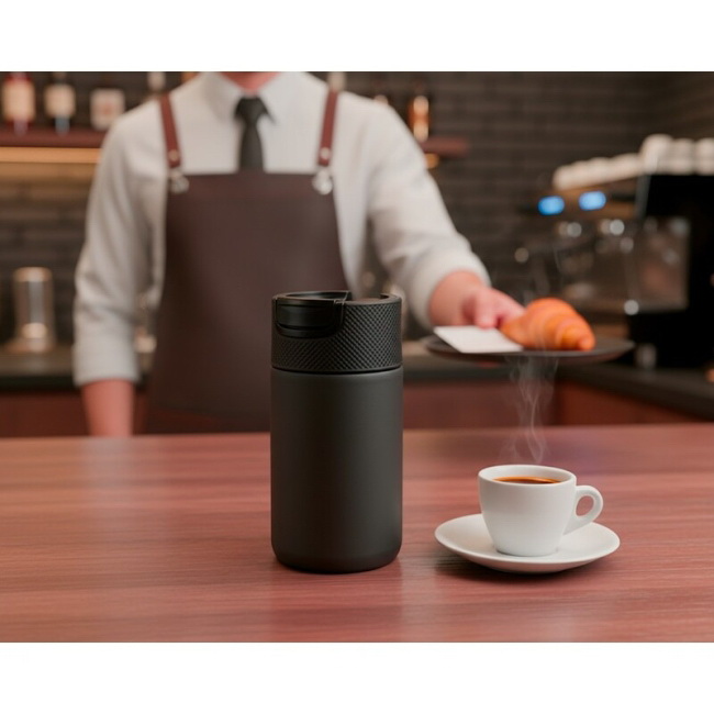 Kubek termiczny 400 ml z ceramiką, czarny z uchem